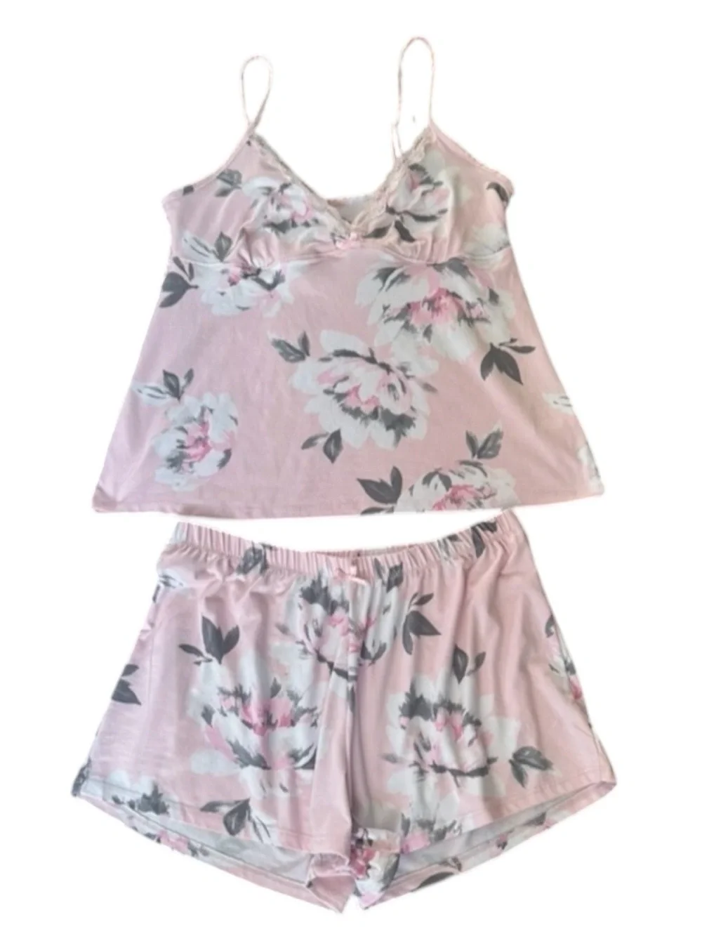 LAURA ASHLEY Romantic Floral Lace-Trim Pink Cami & Short Sleep Set L